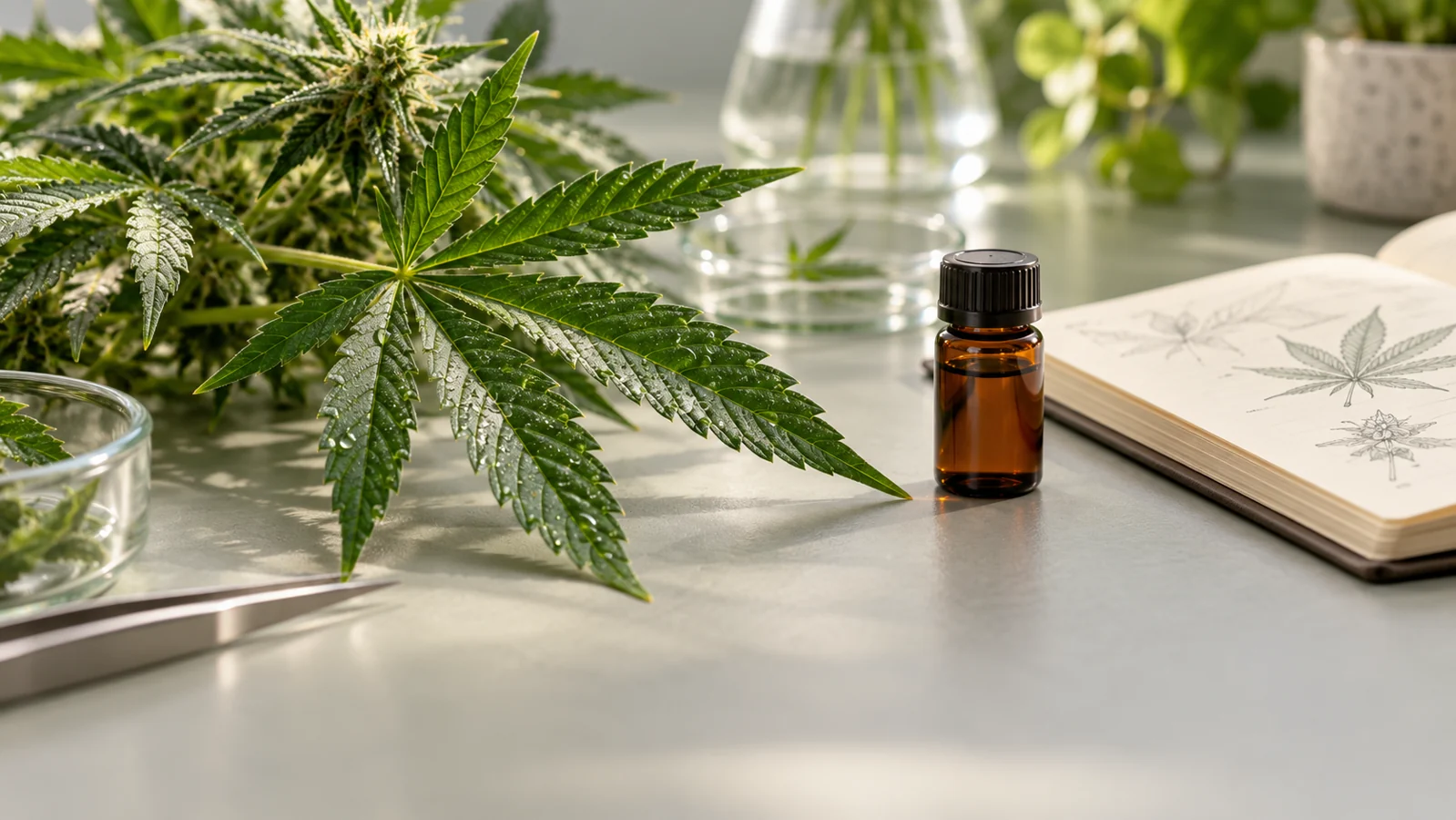 Editorial illustration of a cannabis leaf, notebook and closed sample vial.