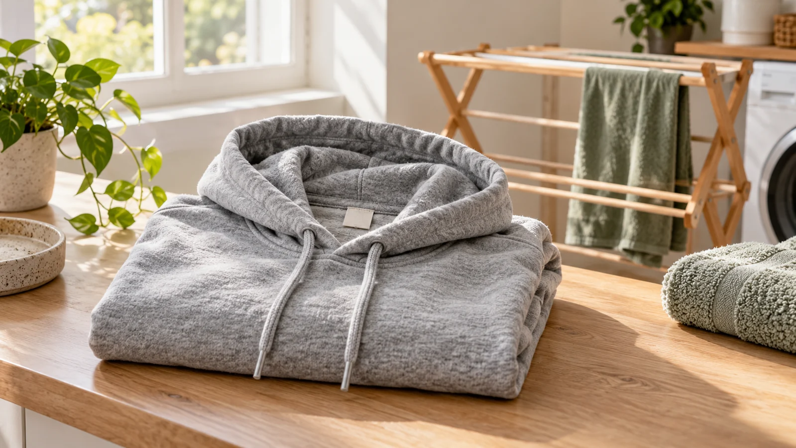 Illustration of a folded grey hoodie beside a blank care label in a laundry room.